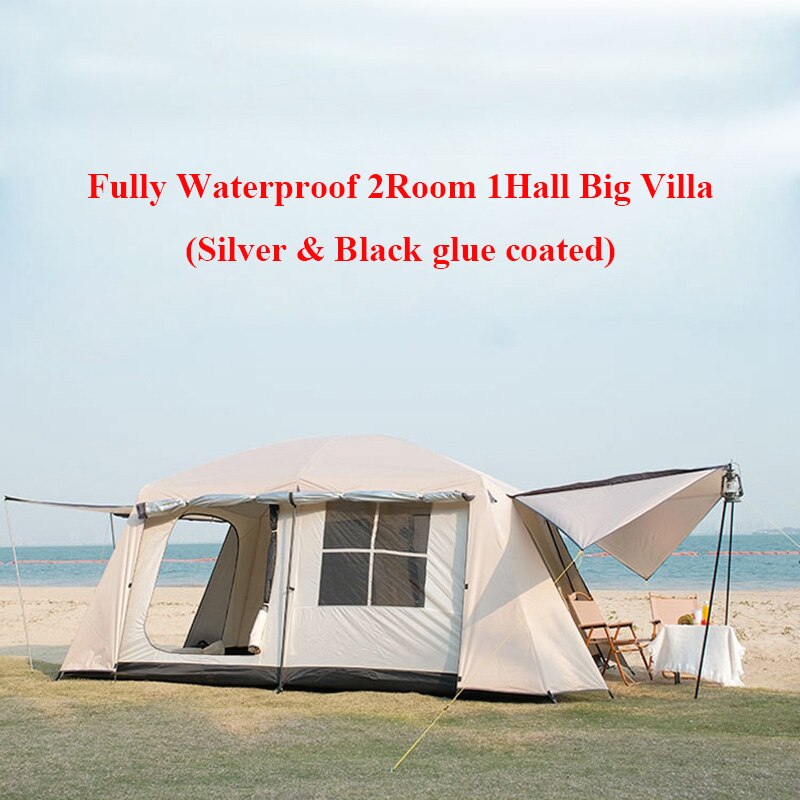 야외 캠핑 대형 텐트, 이중 레이어, 두꺼운 침실 2 개, 홀 1 개, 다중 가족 텐트, 완전 커버 방수